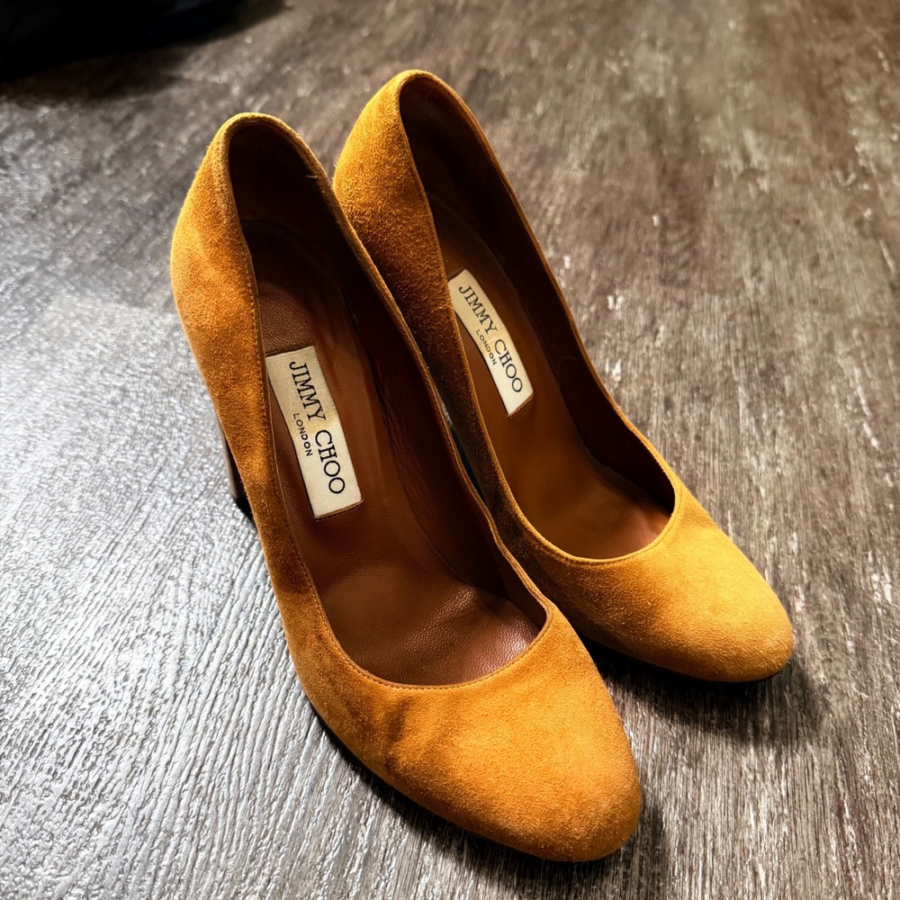 Jimmy Choo Pumps Women 37.5 Mustard Yellow Suede Wood Block Heel Round Toe Italy